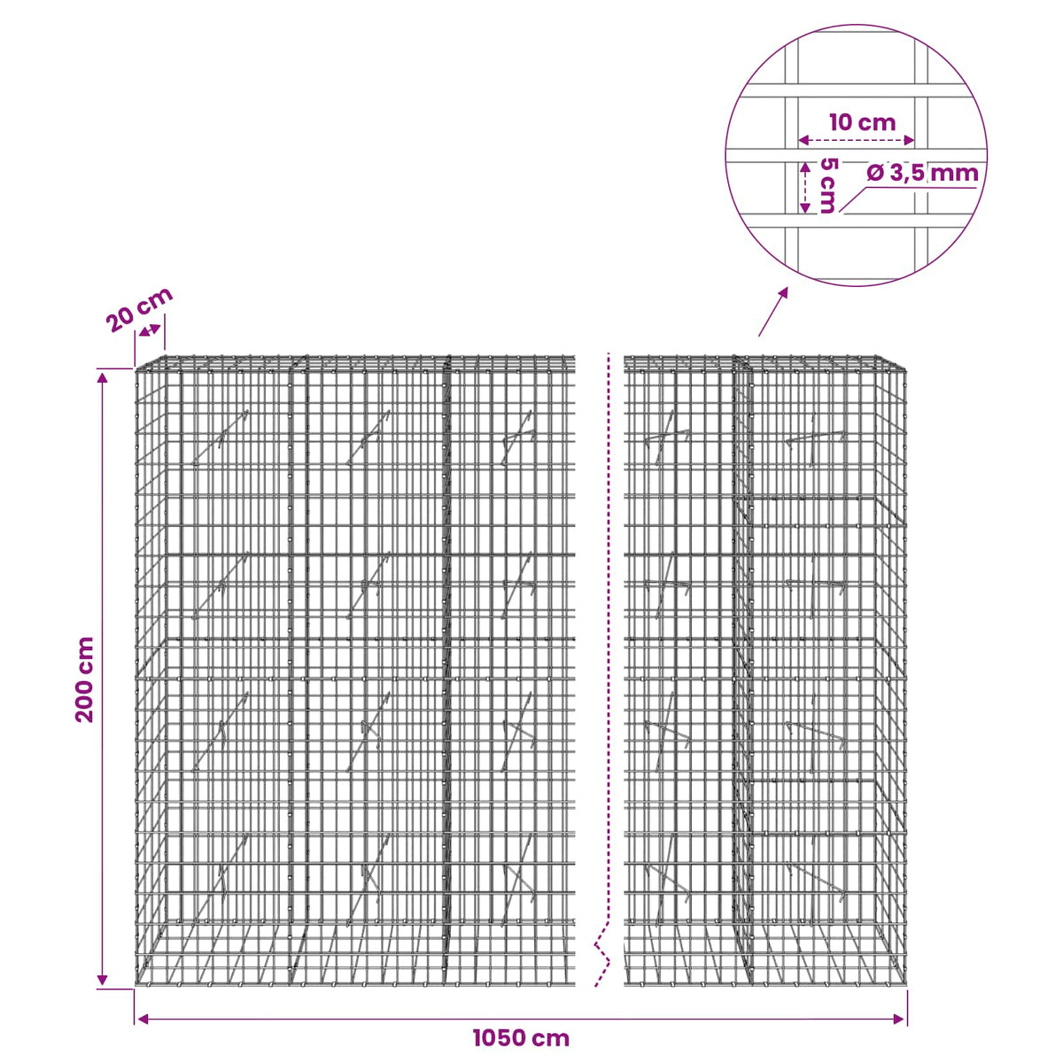 Gabion with 3.5 mm Wire and 5x10 cm Mesh 1050x20x200 cm 1050 cm