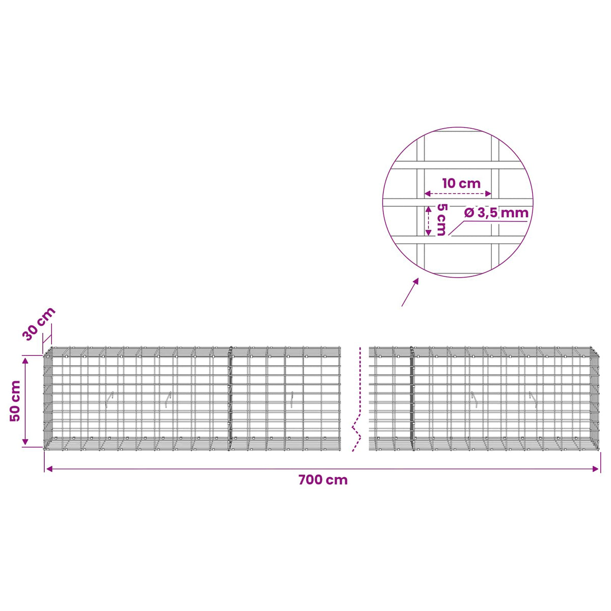 vidaXL Gabion with 3.5 mm Wire and 5x10 cm Mesh 700x30x50 cm 6