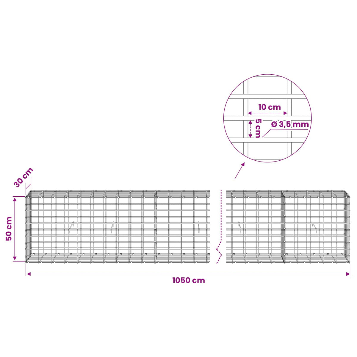 Gabion with 3.5 mm Wire and 5x10 cm Mesh 1050x30x50 cm 1050 cm