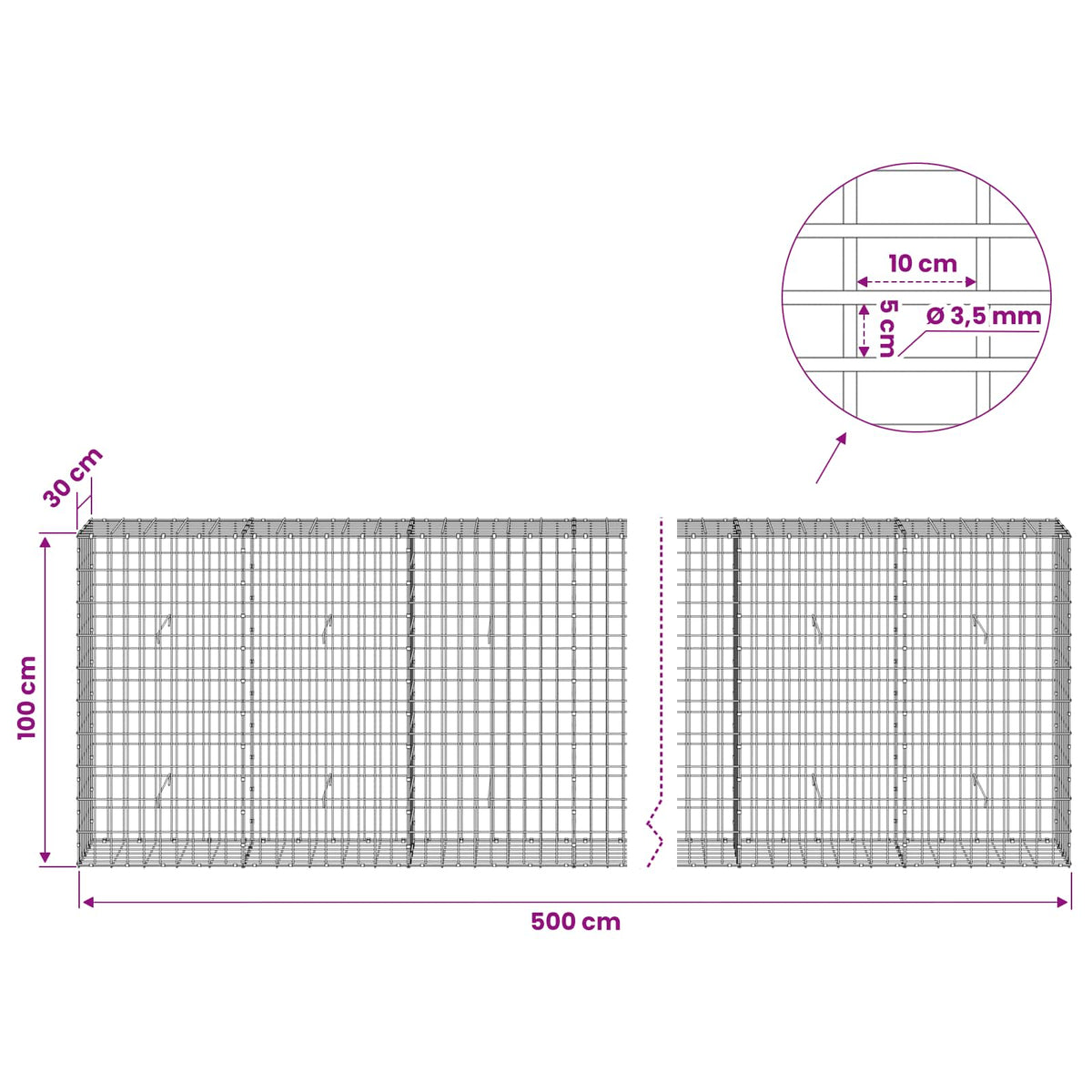 vidaXL Gabion with 3.5 mm Wire and 5x10 cm Mesh 500x30x100 cm 6