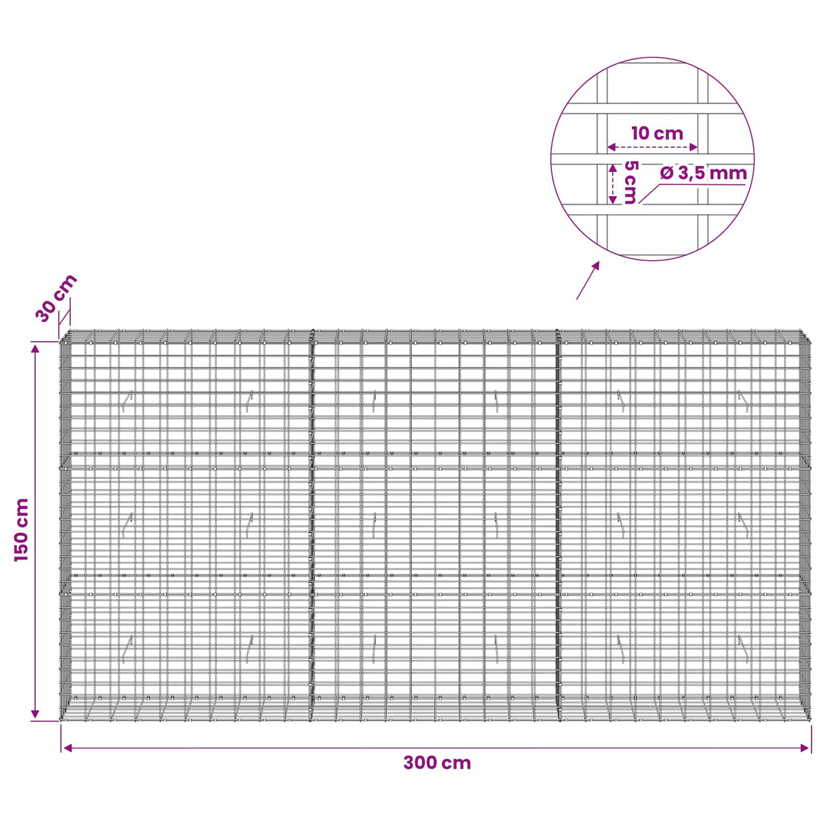 vidaXL Gabion with 3.5 mm Wire and 5x10 cm Mesh 300x30x150 cm 6