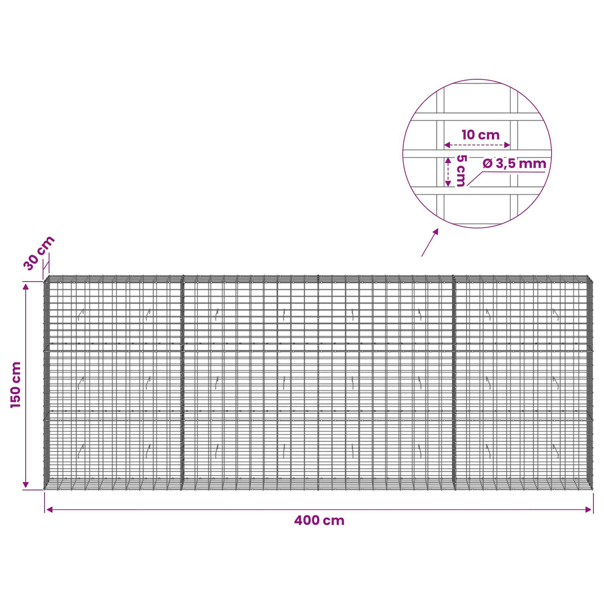 vidaXL Gabion with 3.5 mm Wire and 5x10 cm Mesh 400x30x150 cm 6