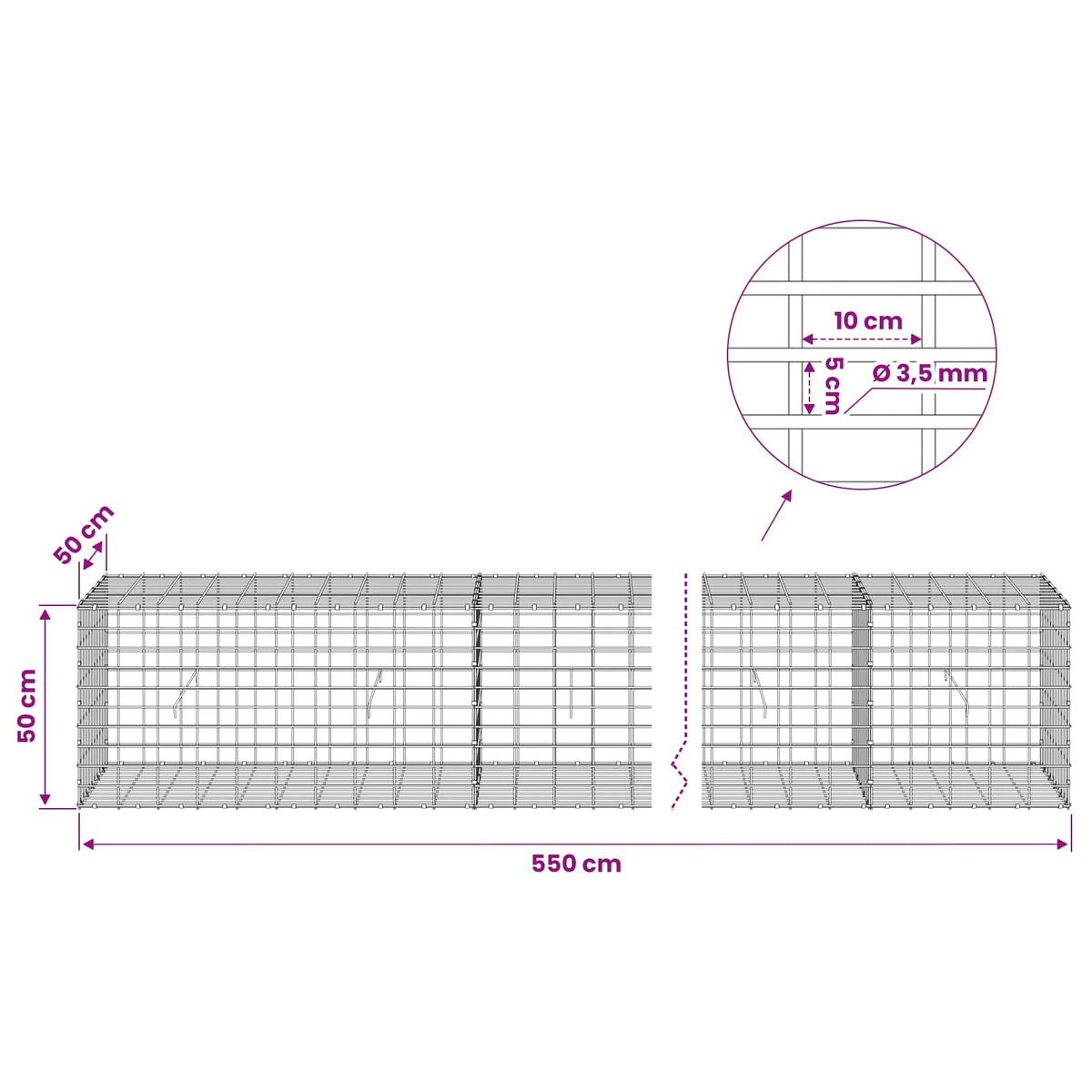 vidaXL Gabion with 3.5 mm Wire and 5x10 cm Mesh 550x50x50 cm 6