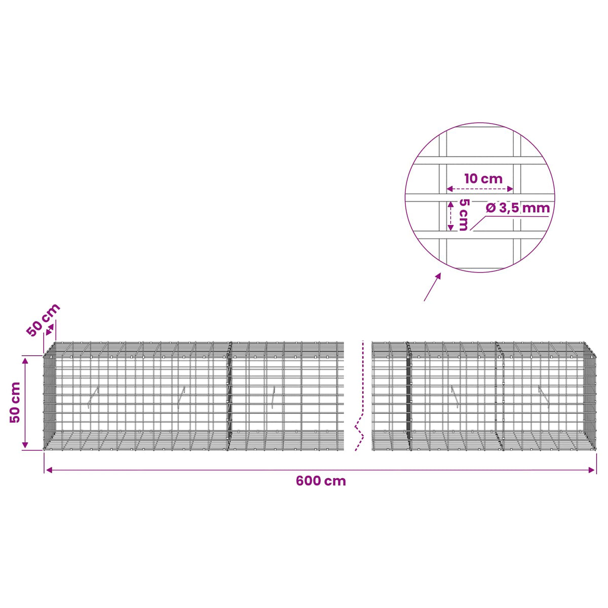 vidaXL Gabion with 3.5 mm Wire and 5x10 cm Mesh 600x50x50 cm 6