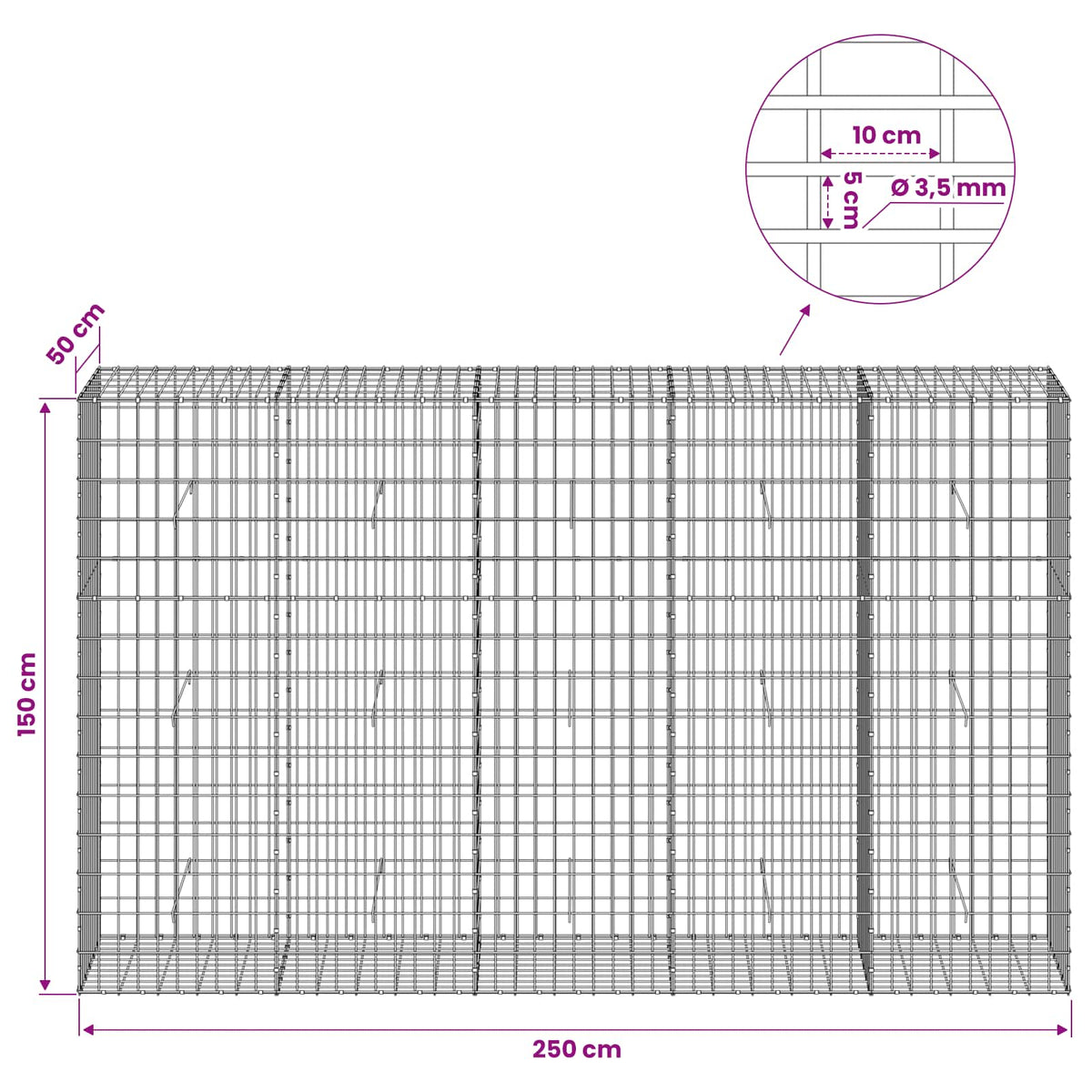 vidaXL Gabion with 3.5 mm Wire and 5x10 cm Mesh 250x50x150 cm 6