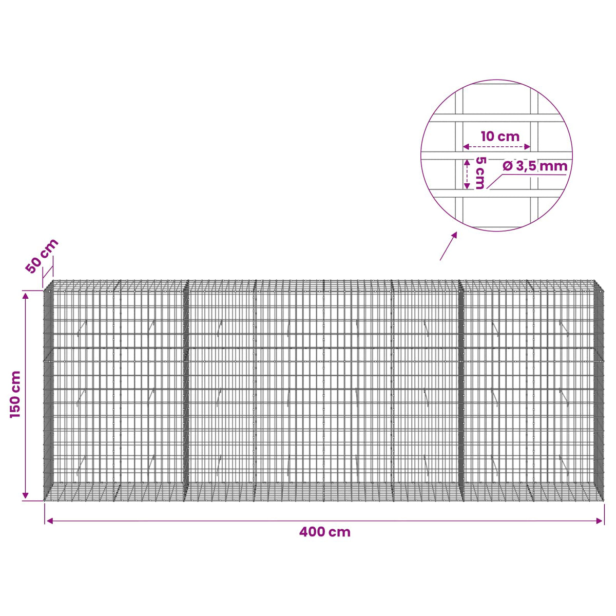 vidaXL Gabion with 3.5 mm Wire and 5x10 cm Mesh 400x50x150 cm 6