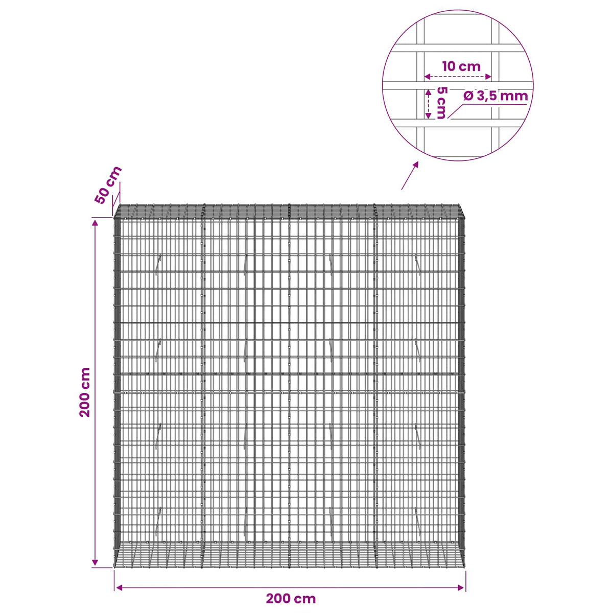 vidaXL Gabion with 3.5 mm Wire and 5x10 cm Mesh 200x50x200 cm 6