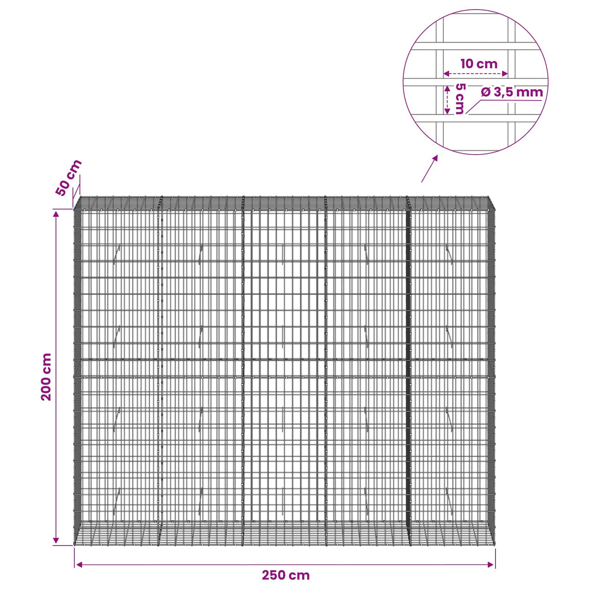 vidaXL Gabion with 3.5 mm Wire and 5x10 cm Mesh 250x50x200 cm 6