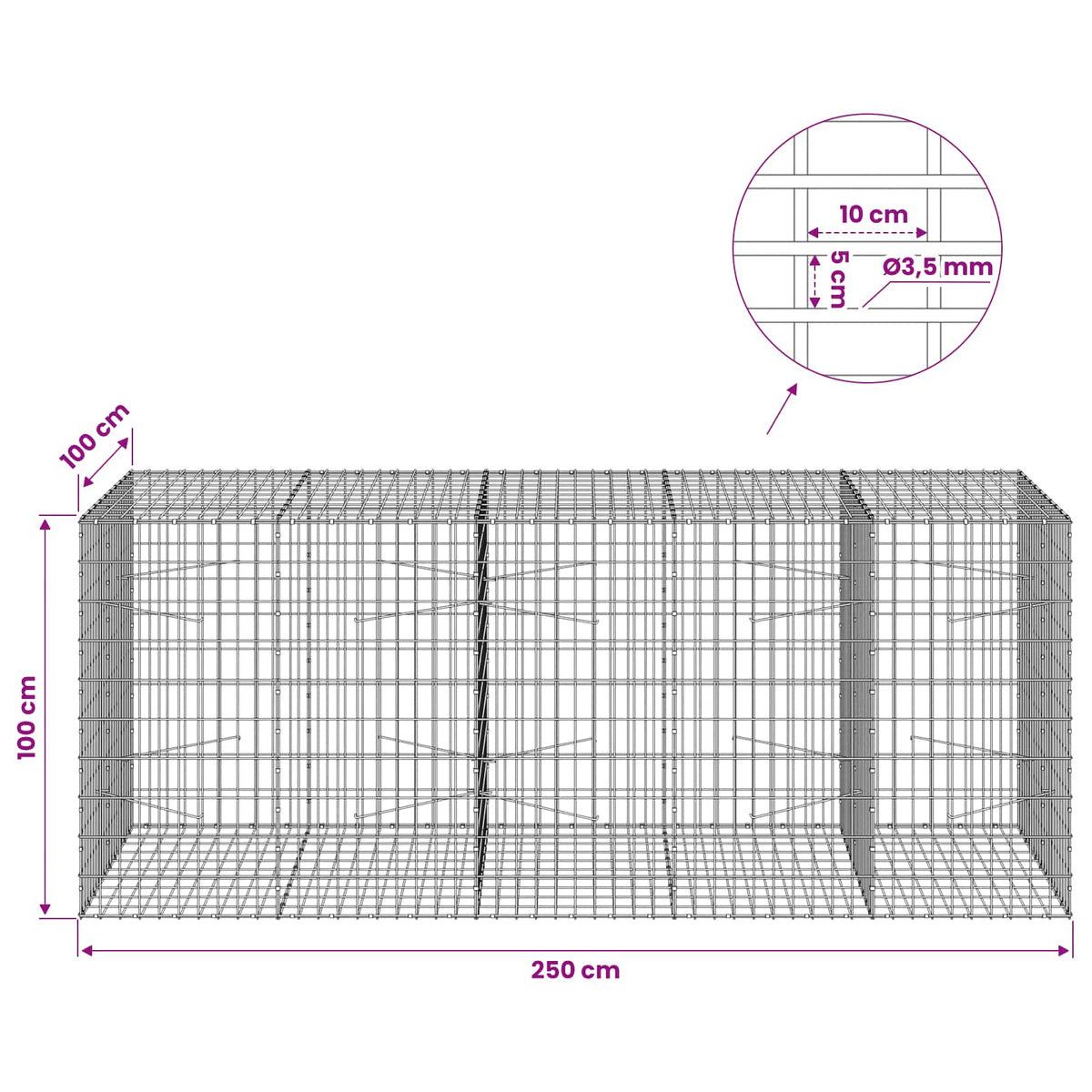 vidaXL Gabion with 3.5 mm Wire and 5x10 cm Mesh 250x100x100 cm 6