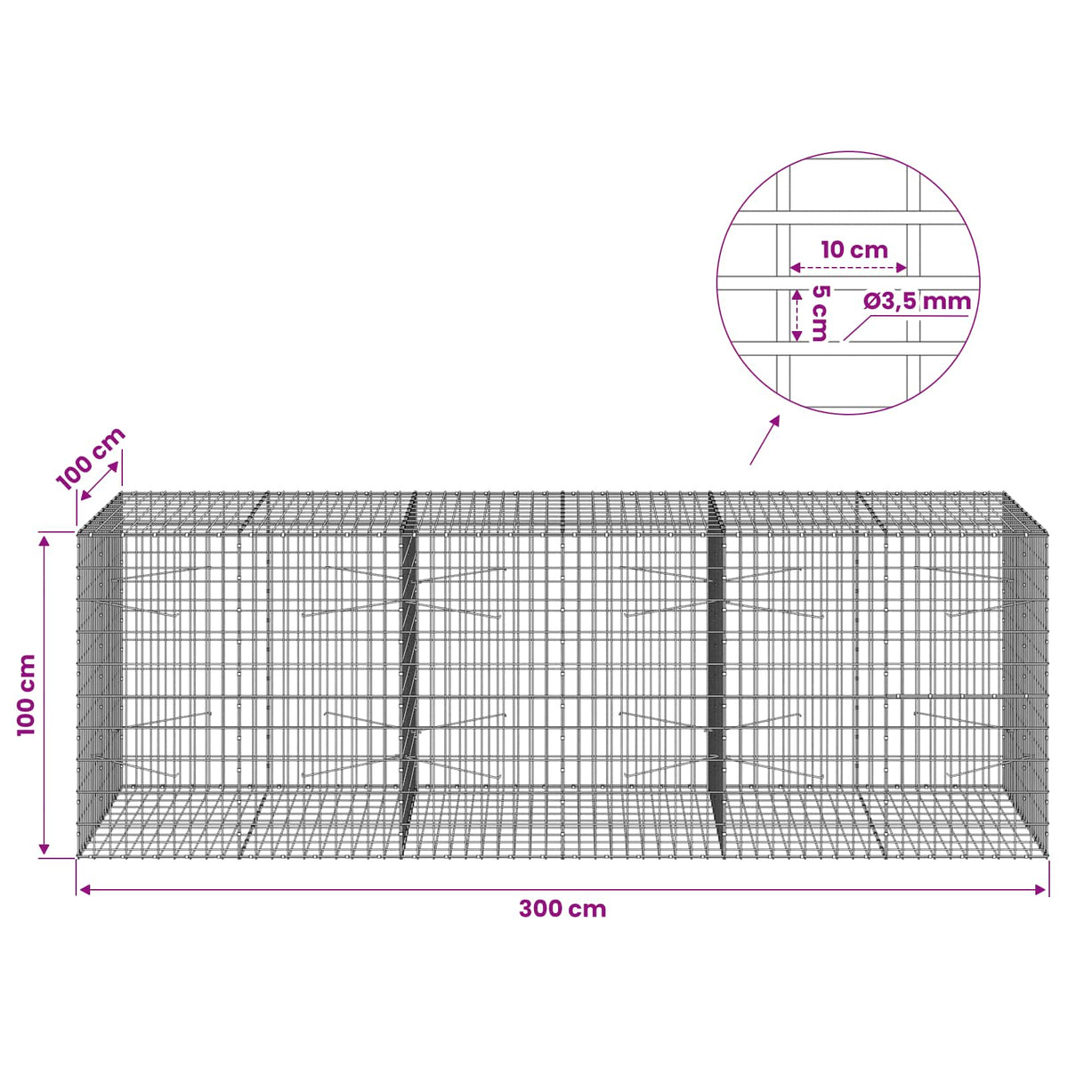 vidaXL Gabion with 3.5 mm Wire and 5x10 cm Mesh 300x100x100 cm 6