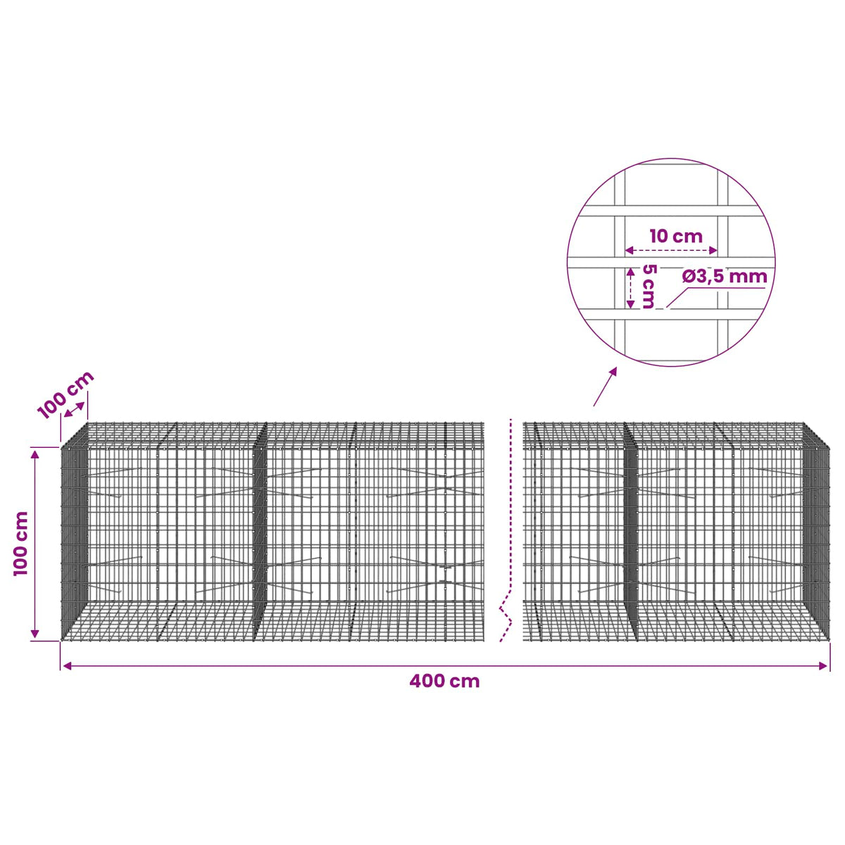 vidaXL Gabion with 3.5 mm Wire and 5x10 cm Mesh 400x100x100 cm 6