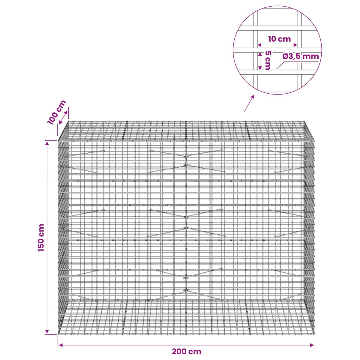 vidaXL Gabion with 3.5 mm Wire and 5x10 cm Mesh 200x100x150 cm 6