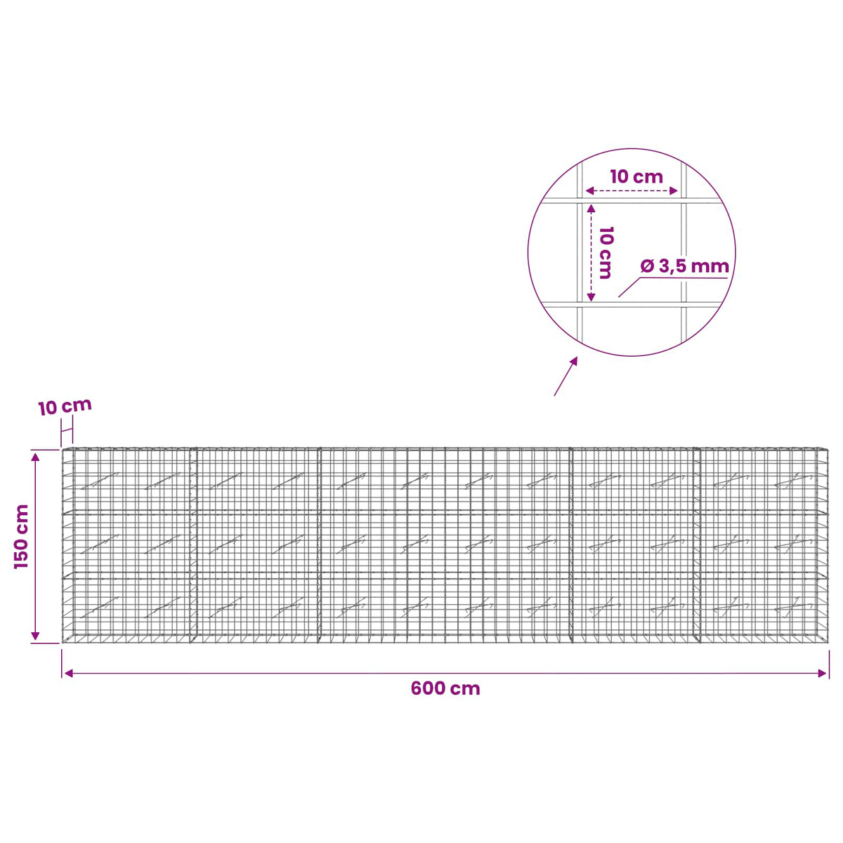 vidaXL Gabion with 3.5 mm Wire and 10x10 cm Mesh 600x10x150 cm 6