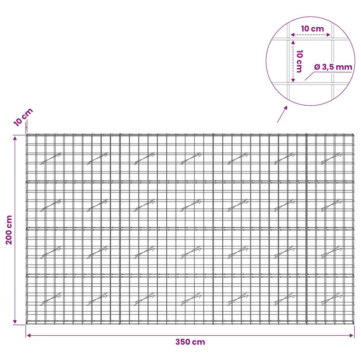vidaXL Gabion with 3.5 mm Wire and 10x10 cm Mesh 350x10x200 cm 6