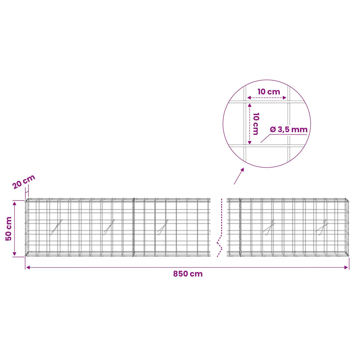 vidaXL Gabion with 3.5 mm Wire and 10x10 cm Mesh 850x20x50 cm 6