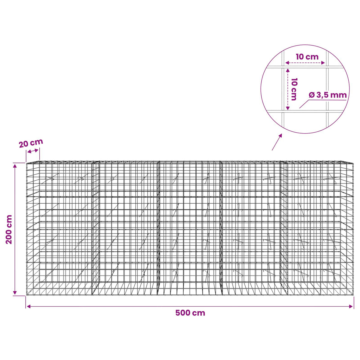 vidaXL Gabion with 3.5 mm Wire and 10x10 cm Mesh 500x20x200 cm 6