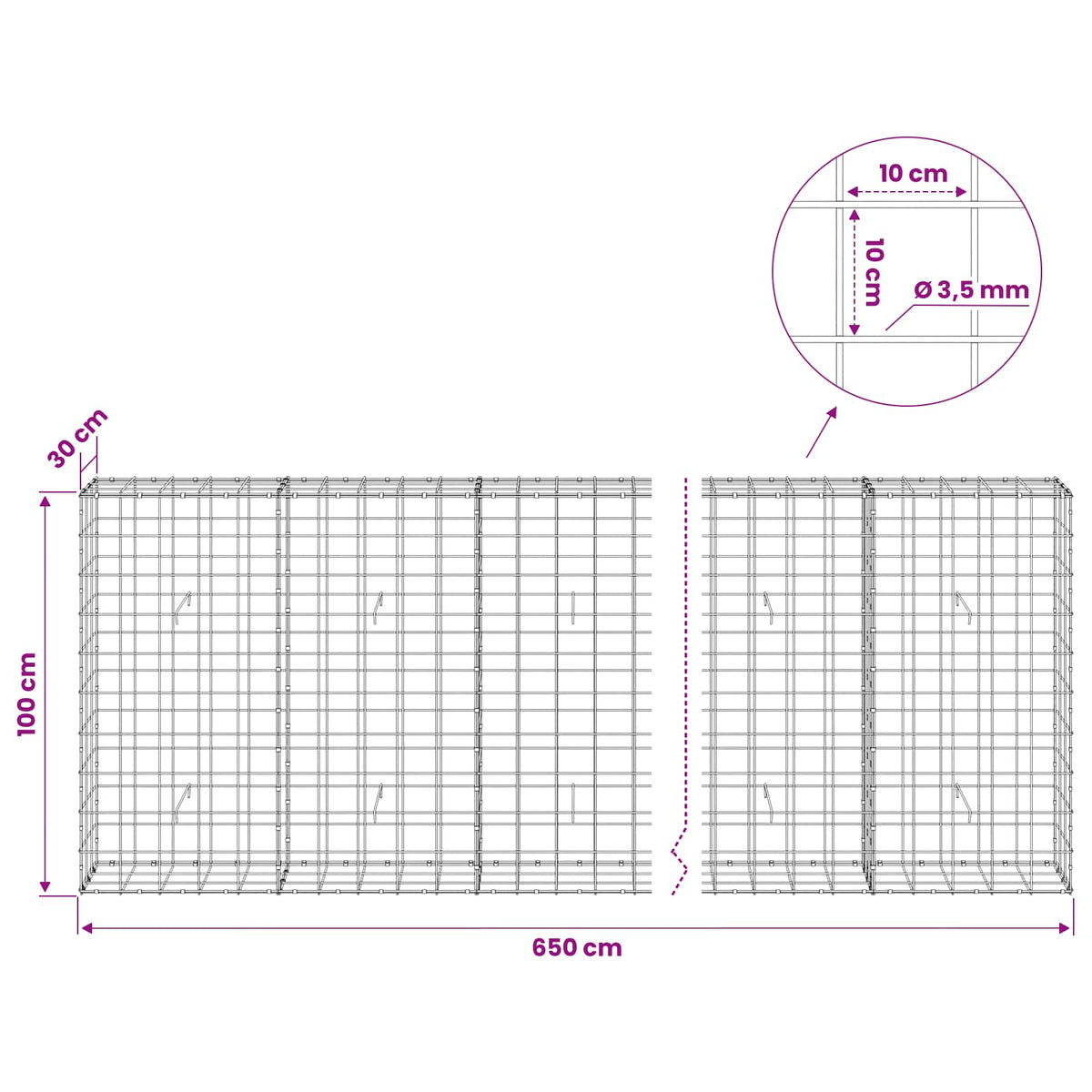 vidaXL Gabion with 3.5 mm Wire and 10x10 cm Mesh 650x30x100 cm 6