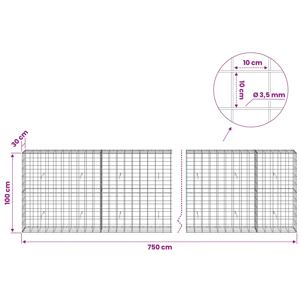 vidaXL Gabion with 3.5 mm Wire and 10x10 cm Mesh 750x30x100 cm 6