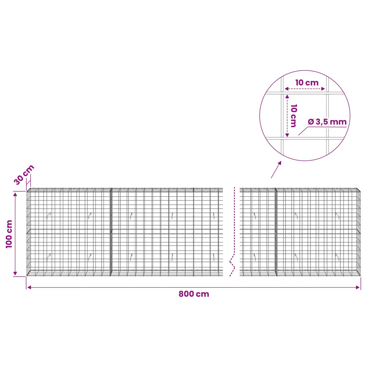 vidaXL Gabion with 3.5 mm Wire and 10x10 cm Mesh 800x30x100 cm 6