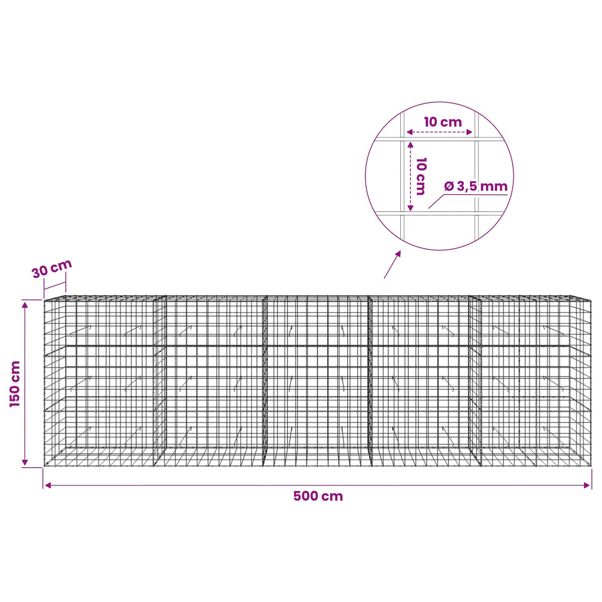 vidaXL Gabion with 3.5 mm Wire and 10x10 cm Mesh 500x30x150 cm 6