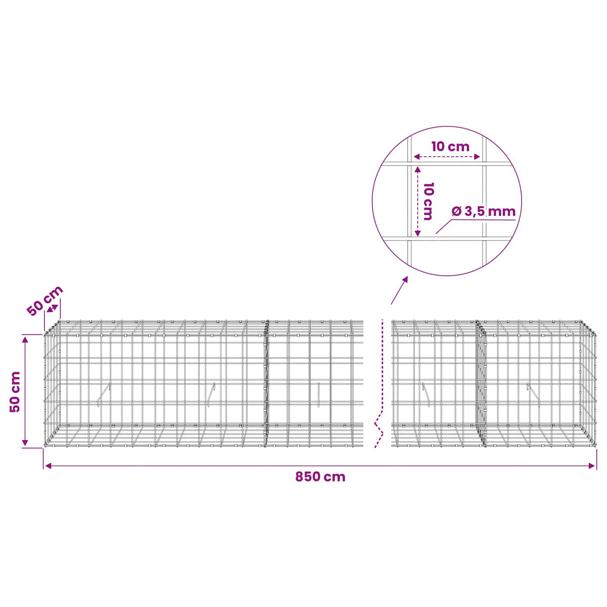 vidaXL Gabion with 3.5 mm Wire and 10x10 cm Mesh 850x50x50 cm 6
