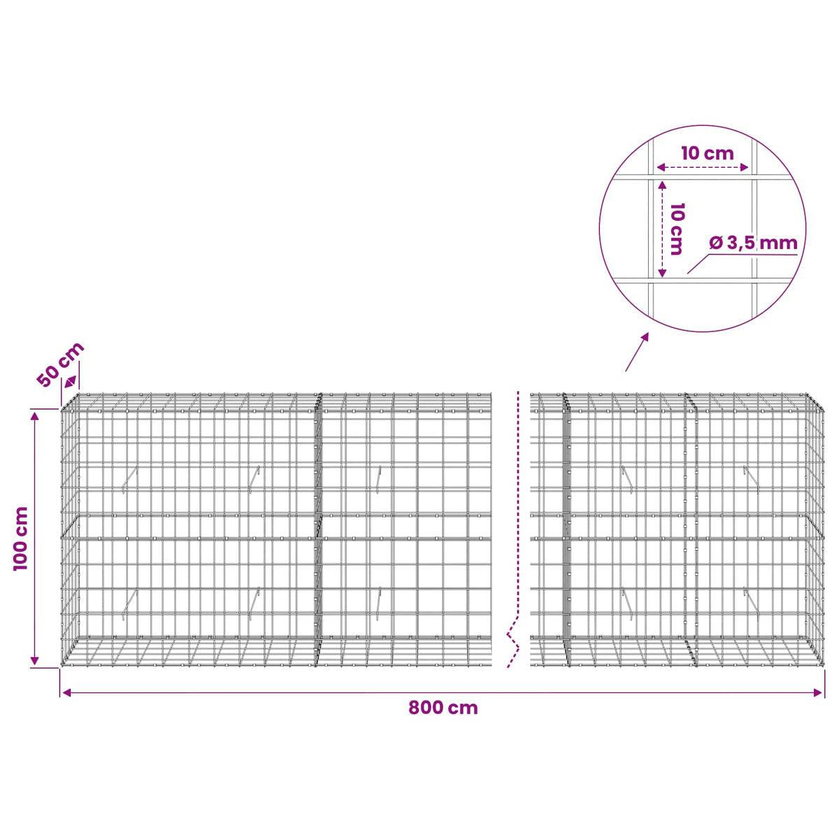 vidaXL Gabion with 3.5 mm Wire and 10x10 cm Mesh 800x50x100 cm 6