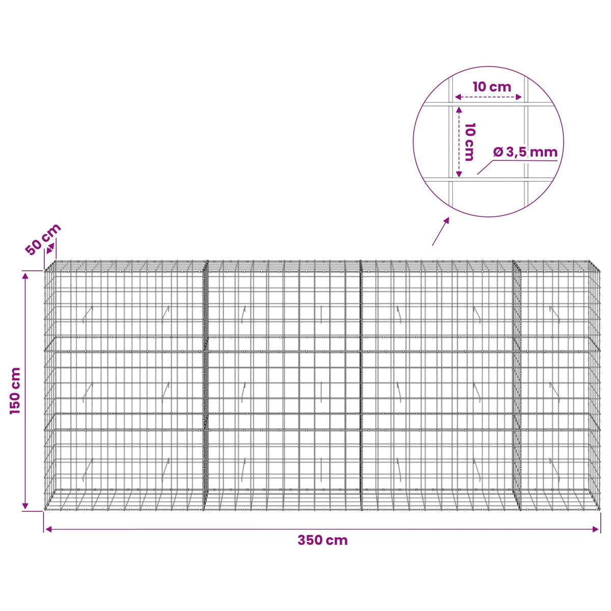 vidaXL Gabion with 3.5 mm Wire and 10x10 cm Mesh 350x50x150 cm 6