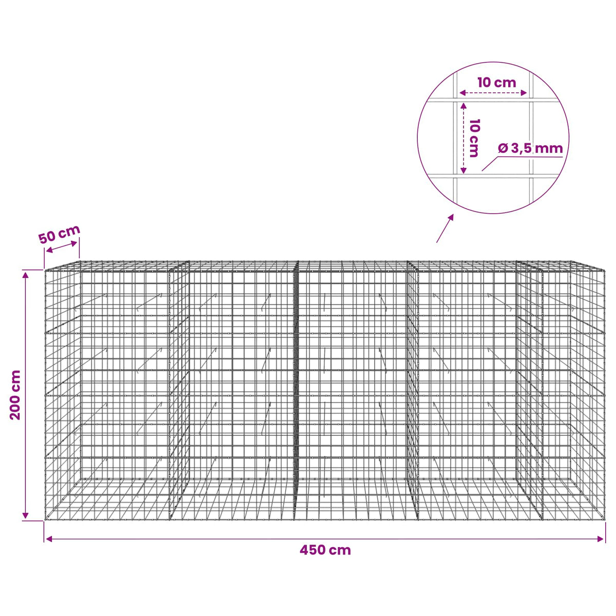 vidaXL Gabion with 3.5 mm Wire and 10x10 cm Mesh 450x50x200 cm 6