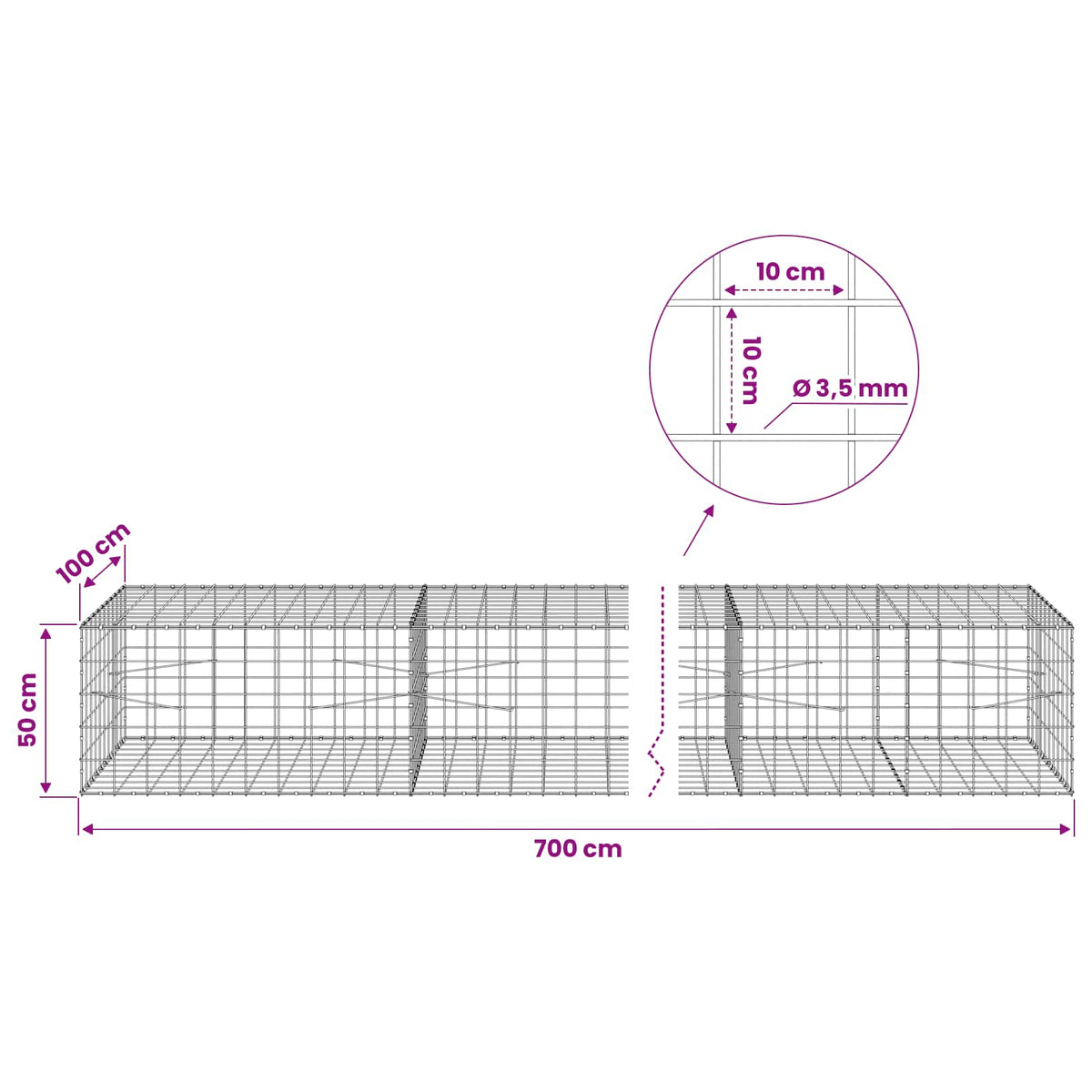 vidaXL Gabion with 3.5 mm Wire and 10x10 cm Mesh 700x100x50 cm 6