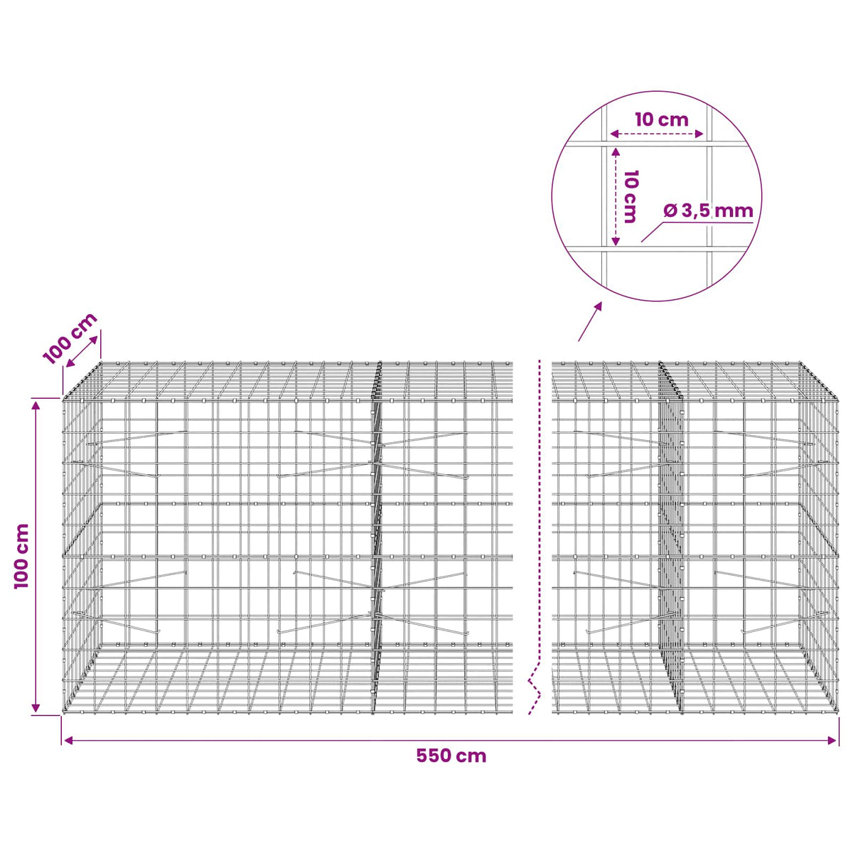 vidaXL Gabion with 3.5 mm Wire and 10x10 cm Mesh 550x100x100 cm 6