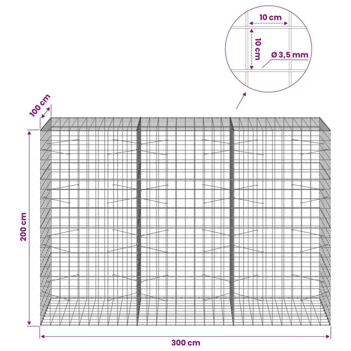 vidaXL Gabion with 3.5 mm Wire and 10x10 cm Mesh 300x100x200 cm 6