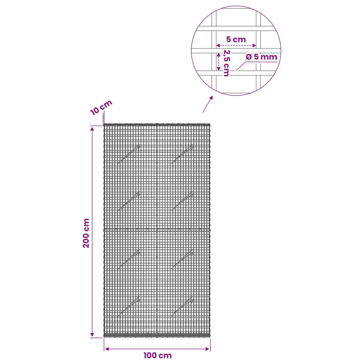 vidaXL Gabion with 5 mm Wire and 5x2.5 cm Mesh 100x10x200 cm 6