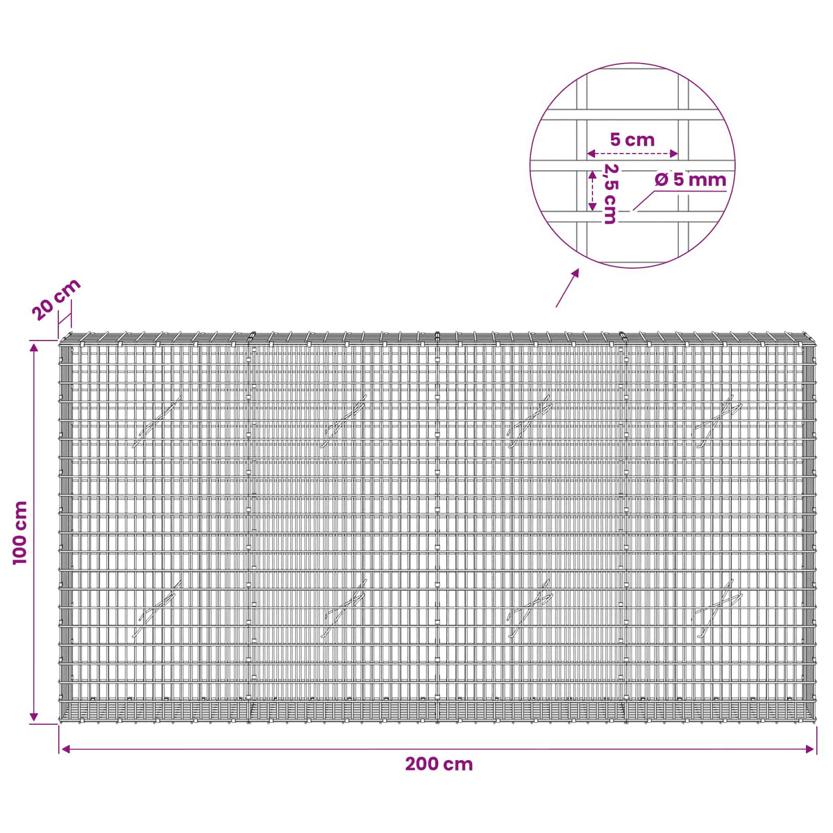 vidaXL Gabion with 5 mm Wire and 5x2.5 cm Mesh 200x20x100 cm 6