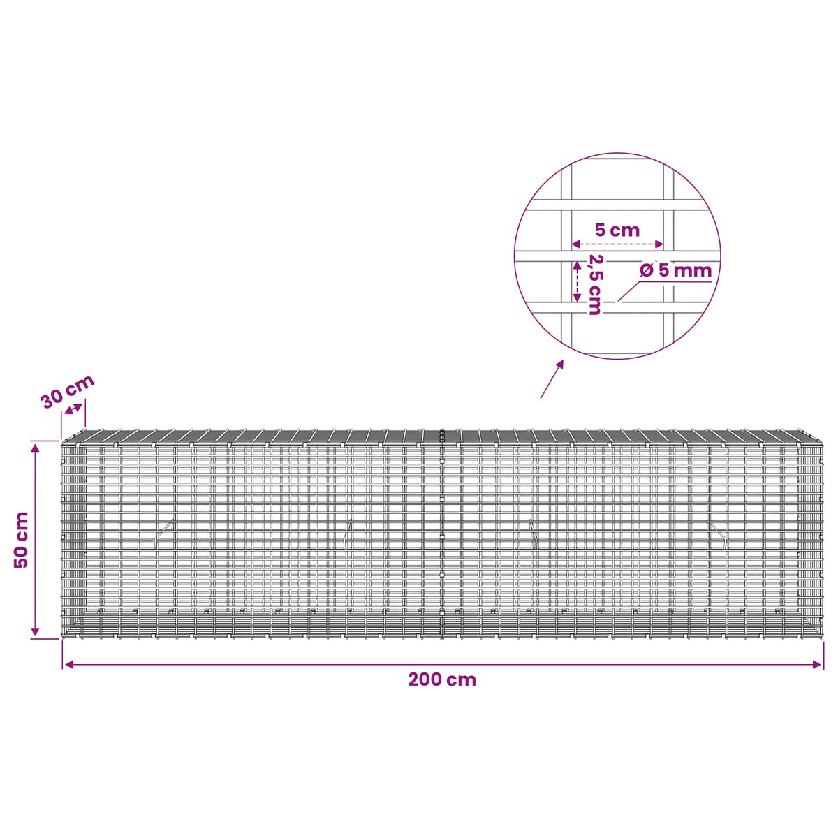 vidaXL Gabion with 5 mm Wire and 5x2.5 cm Mesh 200x30x50 cm 6