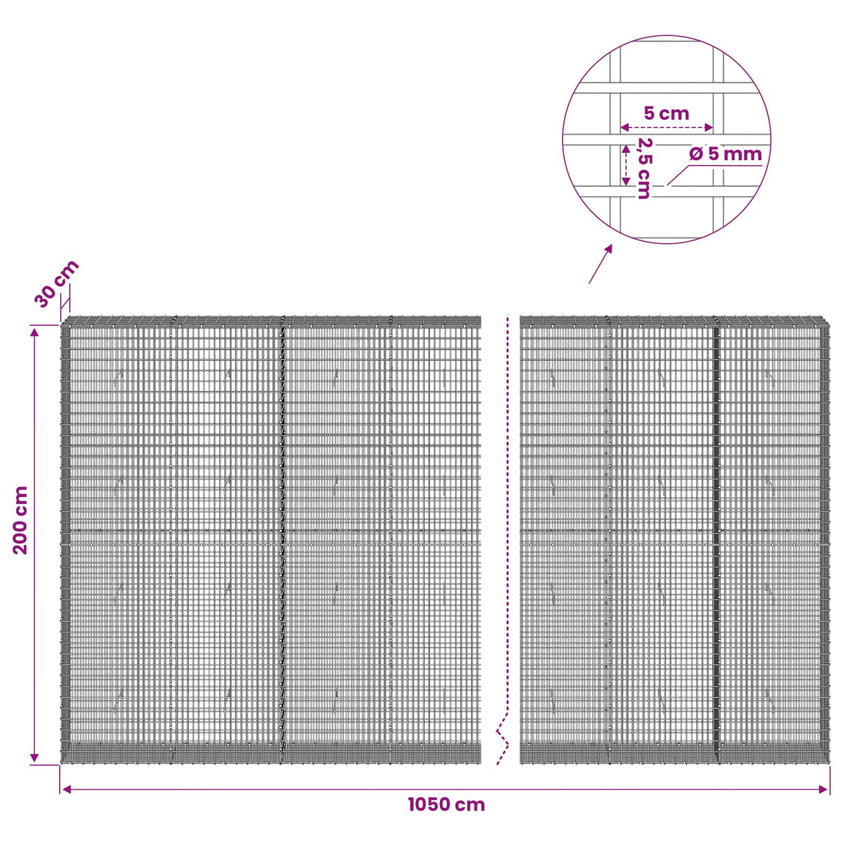 Gabion with 5 mm Wire and 5x2.5 cm Mesh 1050x30x200 cm 1050 cm