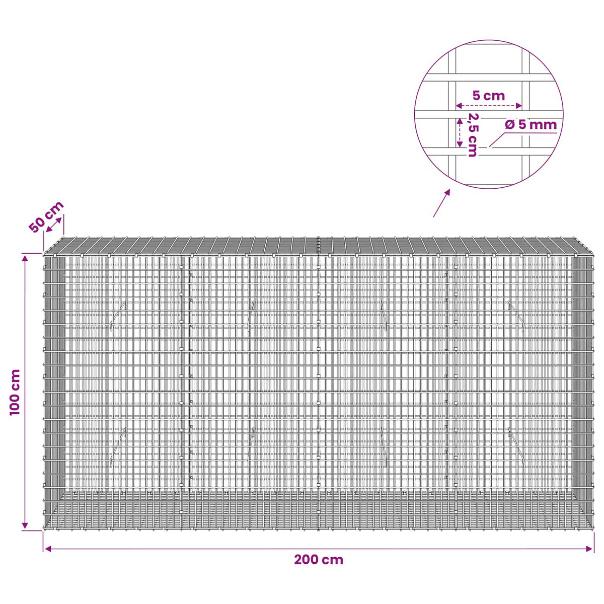 vidaXL Gabion with 5 mm Wire and 5x2.5 cm Mesh 200x50x100 cm 6