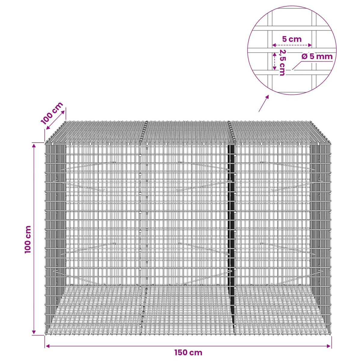 vidaXL Gabion with 5 mm Wire and 5x2.5 cm Mesh 150x100x100 cm 6
