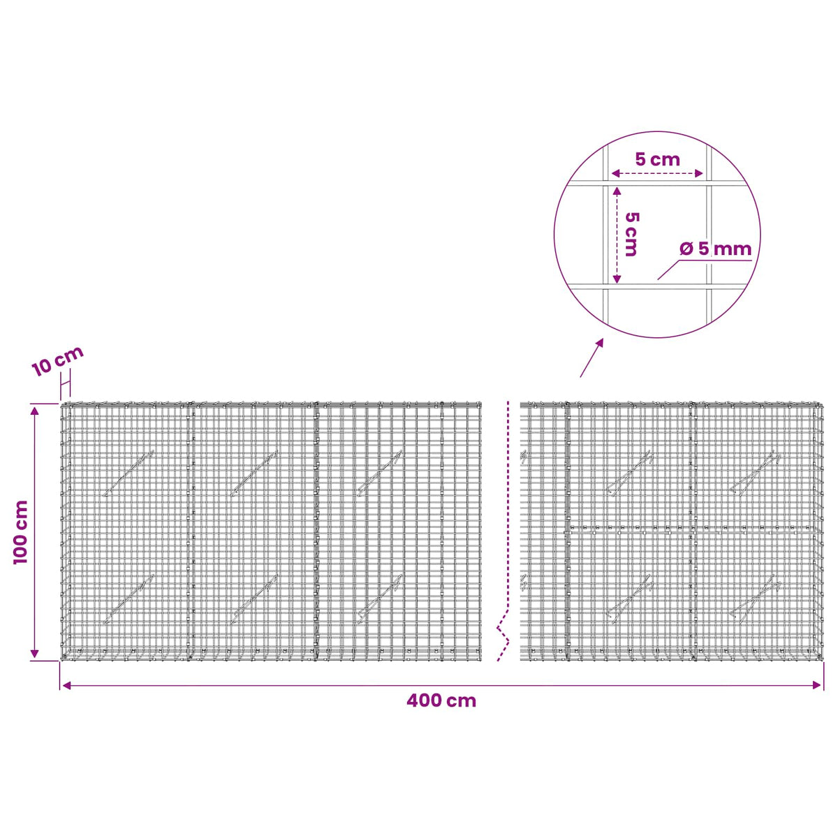 vidaXL Gabion with 5 mm Wire and 5x5 cm Mesh 400x10x100 cm 6