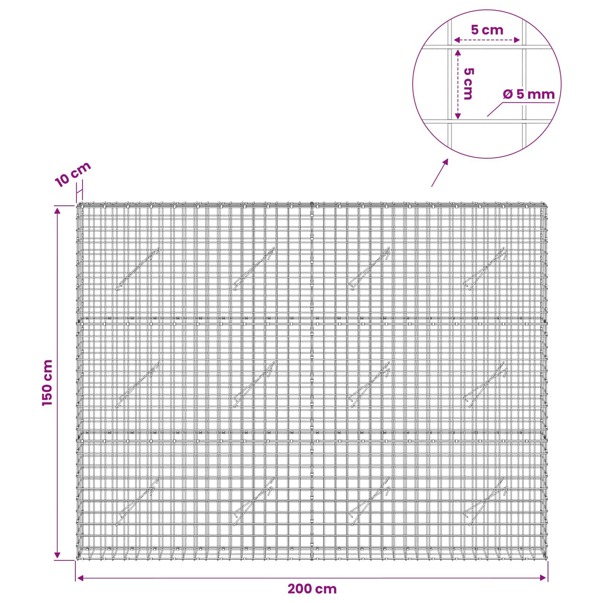 vidaXL Gabion with 5 mm Wire and 5x5 cm Mesh 200x10x150 cm 6