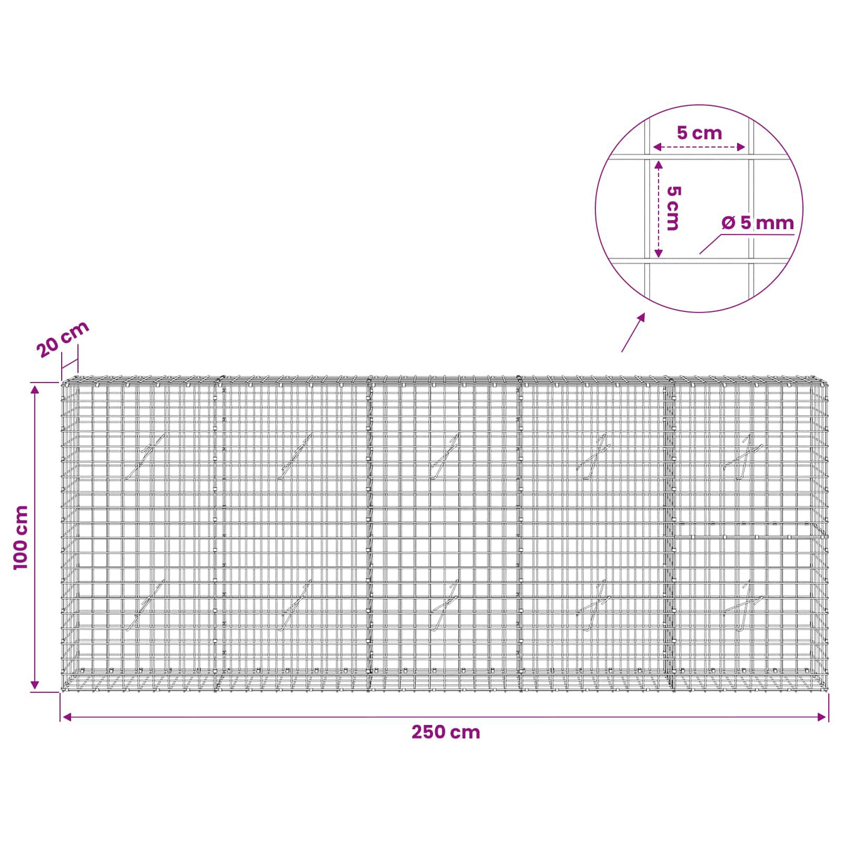 vidaXL Gabion with 5 mm Wire and 5x5 cm Mesh 250x20x100 cm 6