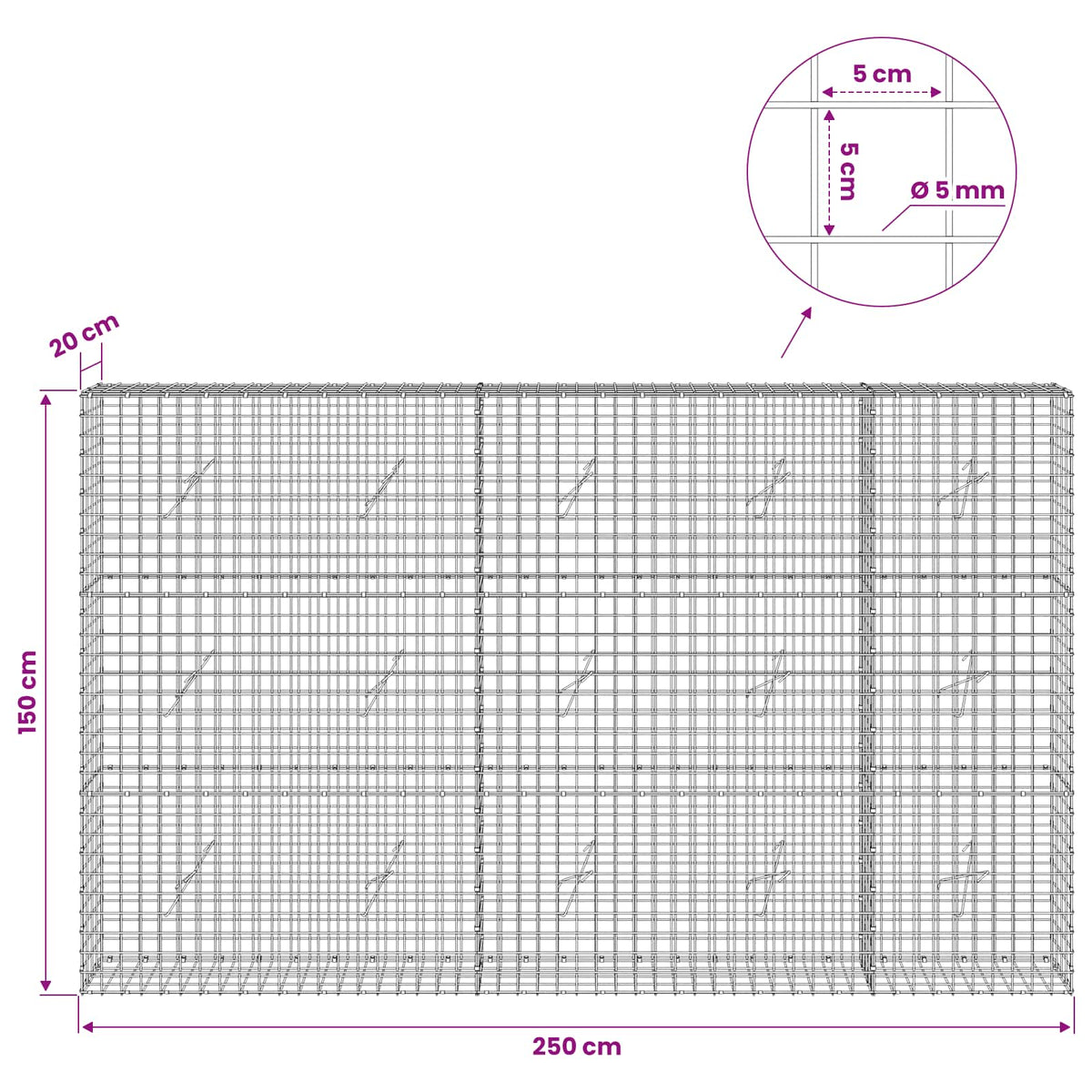 vidaXL Gabion with 5 mm Wire and 5x5 cm Mesh 250x20x150 cm 6