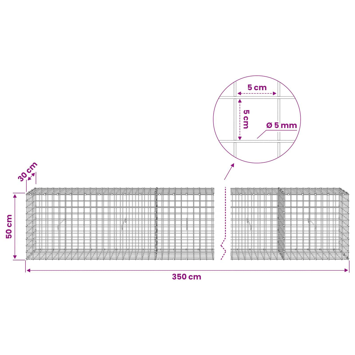 vidaXL Gabion with 5 mm Wire and 5x5 cm Mesh 350x30x50 cm 6