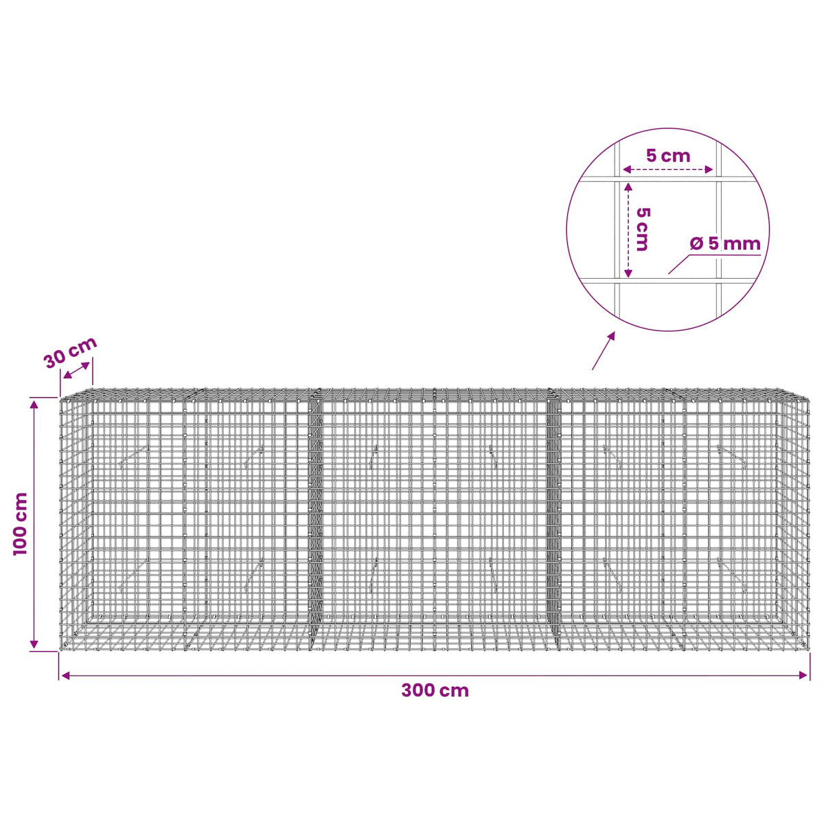 vidaXL Gabion with 5 mm Wire and 5x5 cm Mesh 300x30x100 cm 6