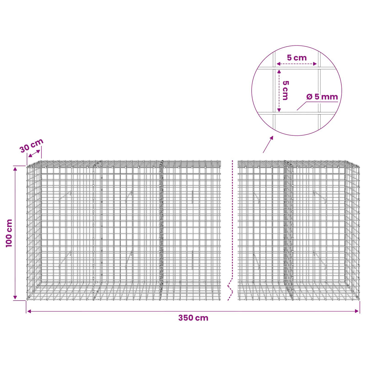 vidaXL Gabion with 5 mm Wire and 5x5 cm Mesh 350x30x100 cm 6