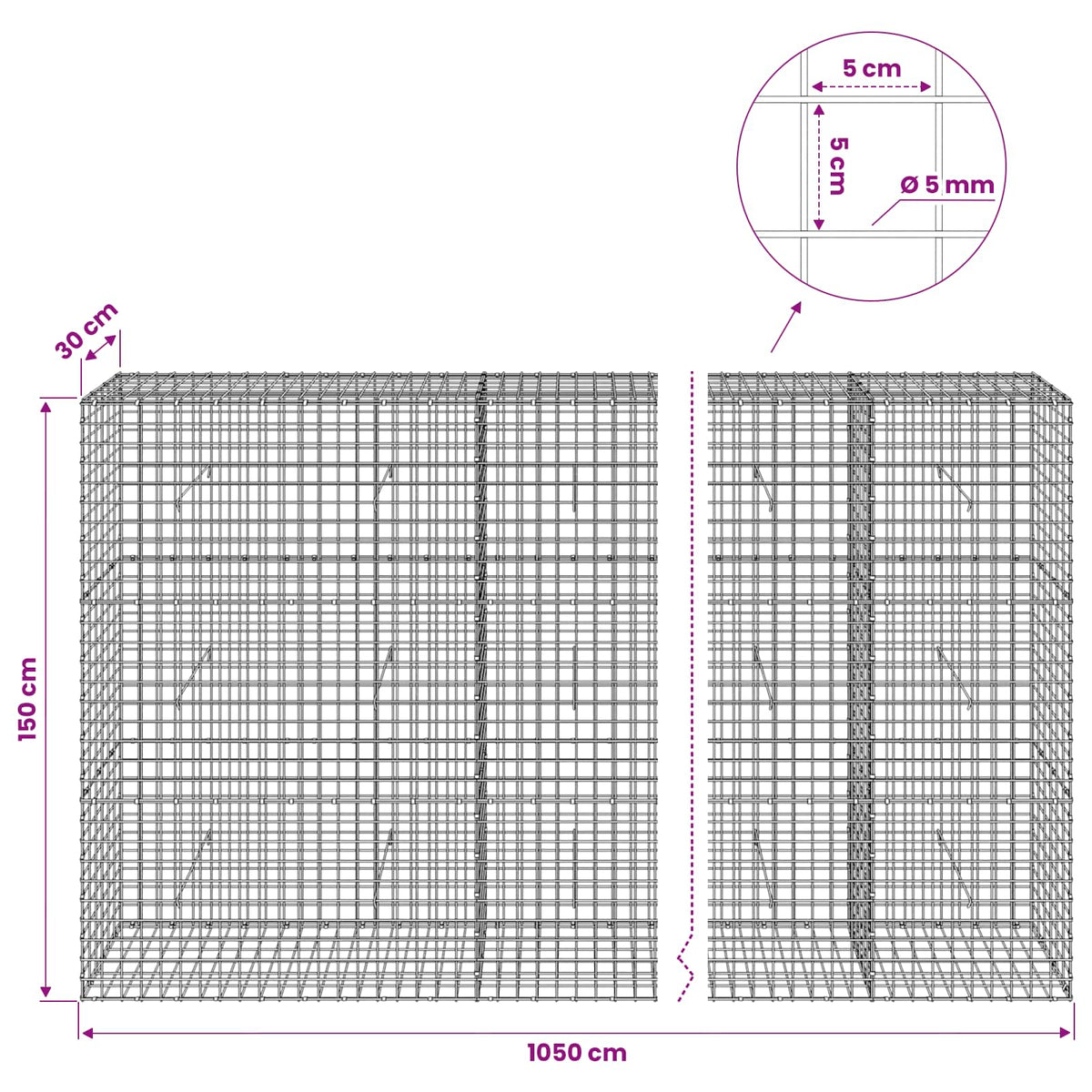 Gabion with 5 mm Wire and 5x5 cm Mesh 1050x30x150 cm 1050 cm