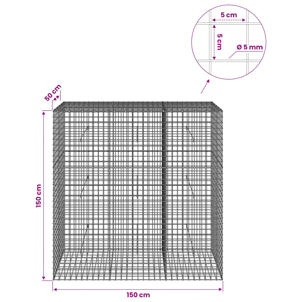vidaXL Gabion with 5 mm Wire and 5x5 cm Mesh 150x50x150 cm 6