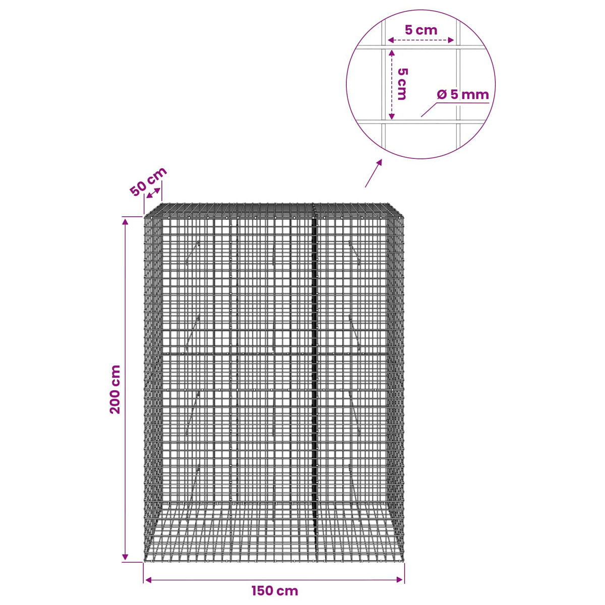 vidaXL Gabion with 5 mm Wire and 5x5 cm Mesh 150x50x200 cm 6