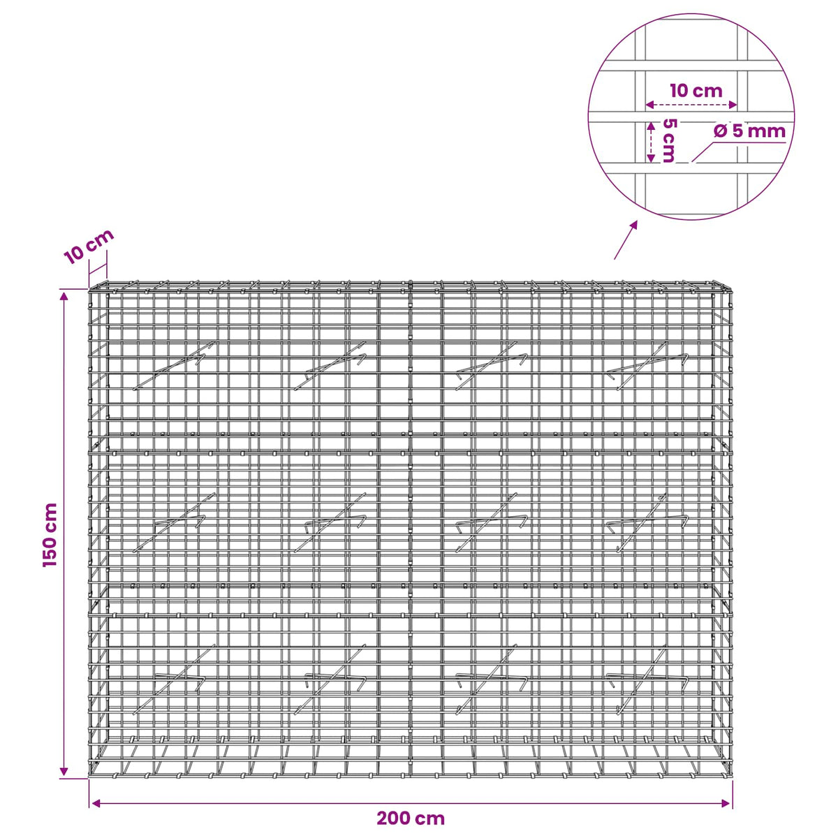 vidaXL Gabion with 5 mm Wire and 5x10 cm Mesh 200x10x150 cm 6