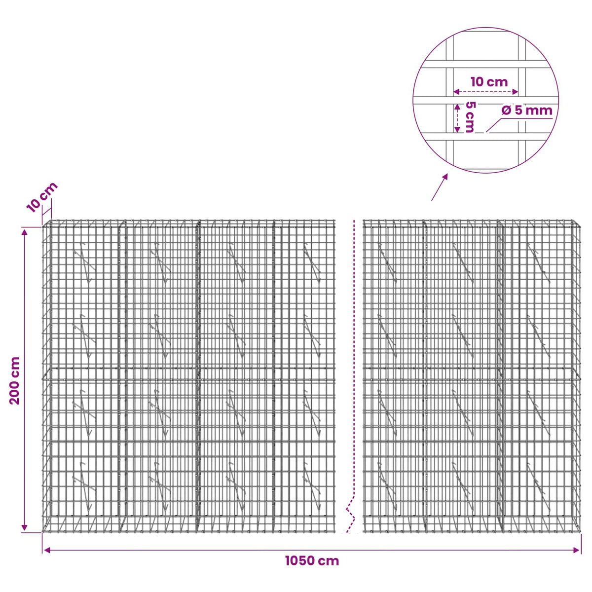 Gabion with 5 mm Wire and 5x10 cm Mesh 1050x10x200 cm 1050 cm