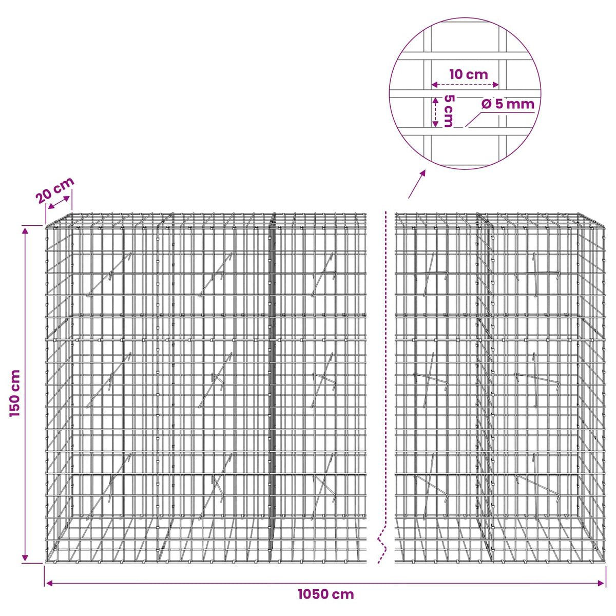 Gabion with 5 mm Wire and 5x10 cm Mesh 1050x20x150 cm 1050 cm